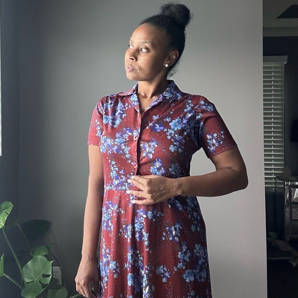 Vintage Brown and Violet Floral Midi Dress A Line Short Sleeves Women’s Size M - Picture 7 of 8